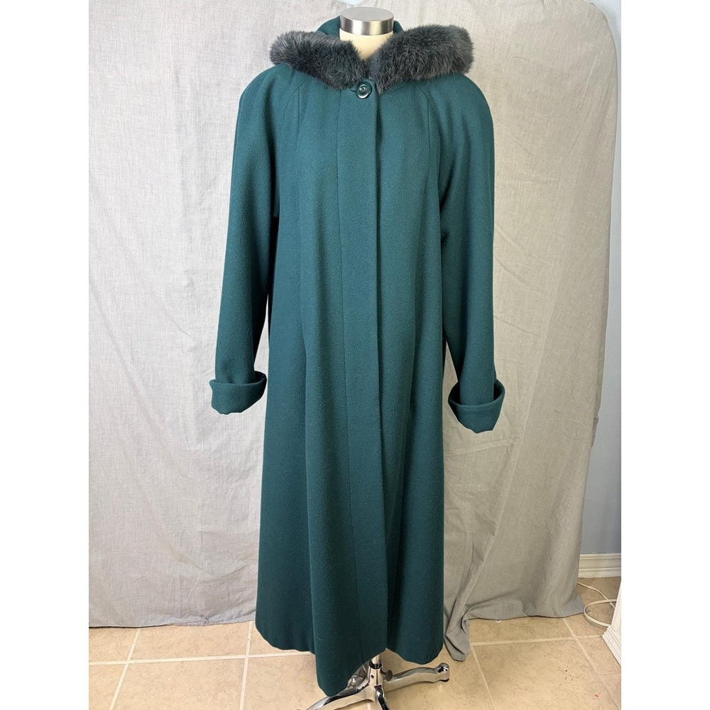 Vintage Donny Brook 90s Teal Wool Swing Coat Genuine Rabbit Fur Trim Hood 14